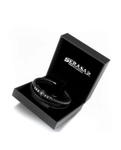 Shine Leather Bracelet Stainless Steel Black Serasar