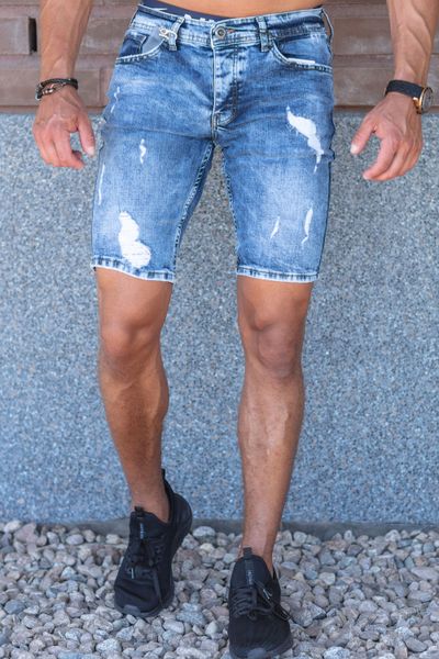 Dark Blue Ripped Washed Denim Shorts Elastic Jerone