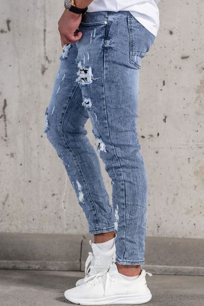 blå streetwear-jeans för män med slitage, stentvätt och dekorativ broderie