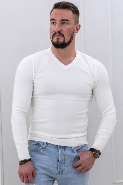 White Viscose Blended Knit V-Neck Jerone