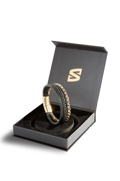 flerdelat armband för män guld läder och stål