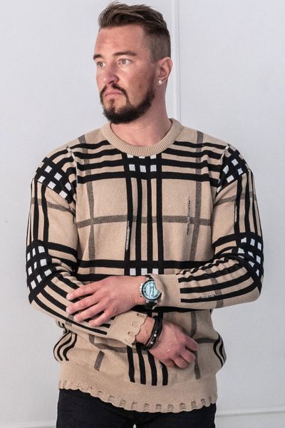 Brown Checkered Knit Distressed Jerone Brown Checkered Knit Distressed Jerone