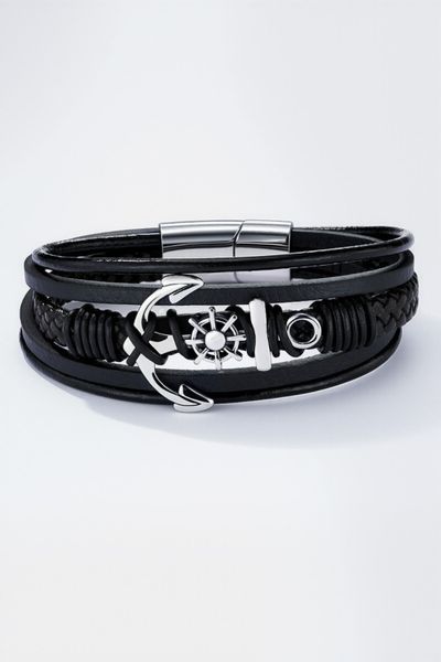Svart läderarmband med ankare JERONE JEWELLERY