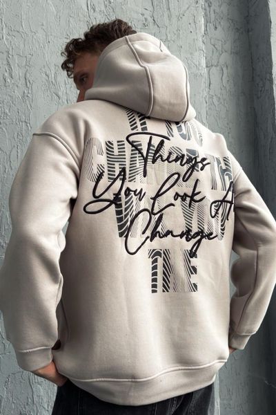 Ryggbroderad beige hoodie JERONE Ryggbroderad beige hoodie JERONE