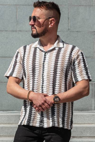 Beige virkad kortärmad skjorta CARISMA