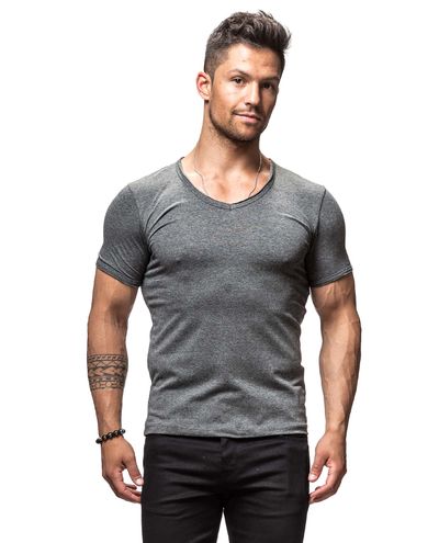 Grå v-ringad t-shirt med öppen hals spandex hudtät